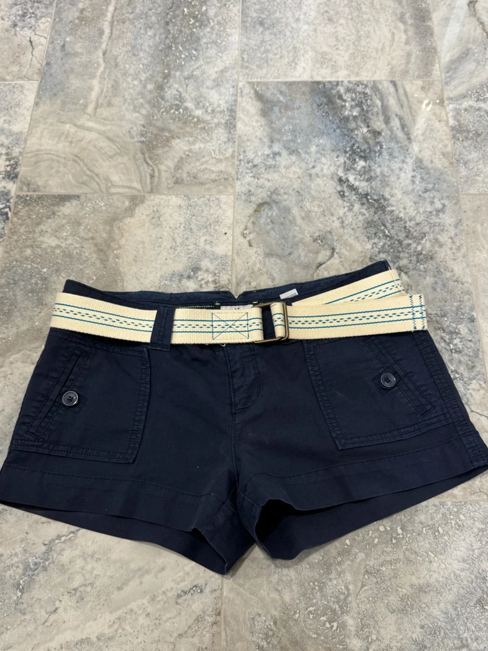 Y2K American Eagle Outfitters Navy Mini Shorts with Cream & Teal Belt